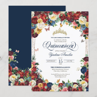 Butterfly Garden Royal Blue Red Floral Quinceanera Einladung