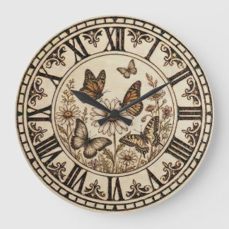 Butterfly Garden Wall Clock – Wood-Burned style  Große Wanduhr