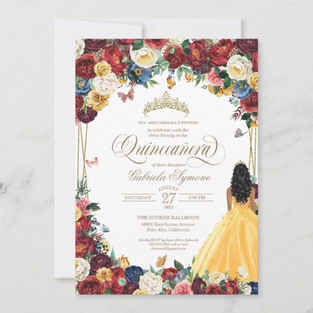 Butterfly Garden Yellow Gown Floral Quinceanera Einladung (Vorderseite)
