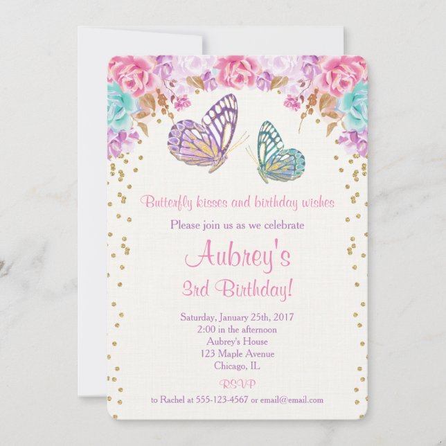 Butterfly-Geburtstagseinladung, rosa lila Gold Einladung (Vorderseite)