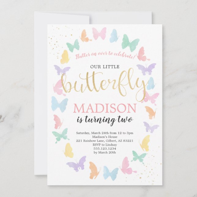 Butterfly Geburtstagsparty Einladung Regenbogenfar (Vorderseite)