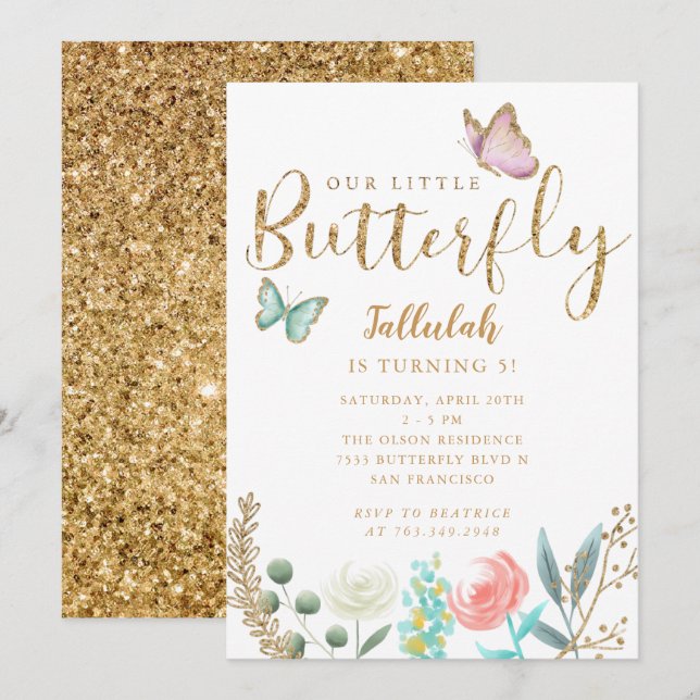 Butterfly Girls Geburtstagsparty Einladung (Vorne/Hinten)