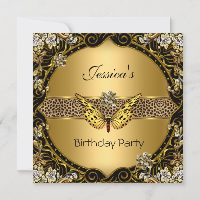 Butterfly Gold Black Leopard Geburtstagsparty Einladung (Vorderseite)