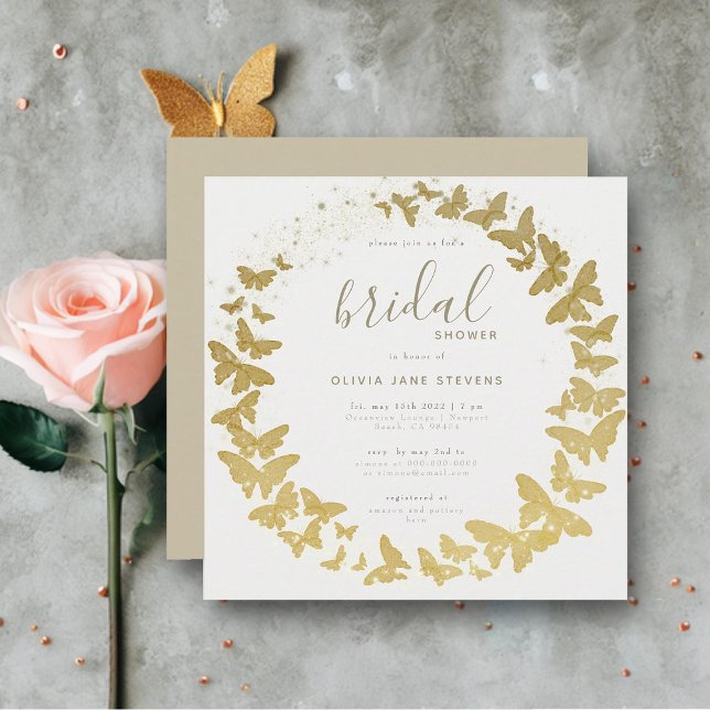 Butterfly Gold Elegantes Boho Classic Brautparty Einladung (gold butterflies elegant bohemian modern romantic frame bridal shower invitation chic calligraphy)