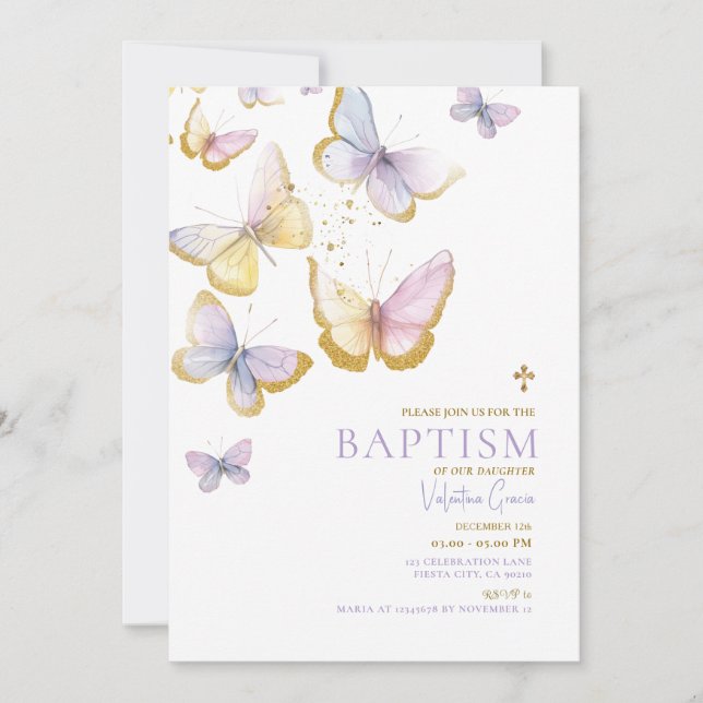 Butterfly Gold Girl Taufen Gold Cross Blume Einladung (Vorderseite)