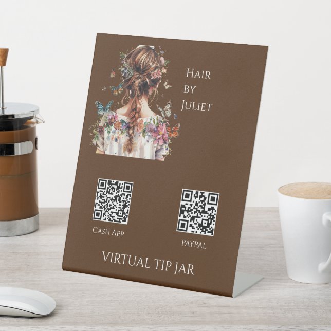 Butterfly Hair QR Code Virtual Tip Jar Tabletop Sockelschild (In SItu)