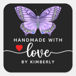 Butterfly Handmade mit Liebe Black Quadratischer Aufkleber