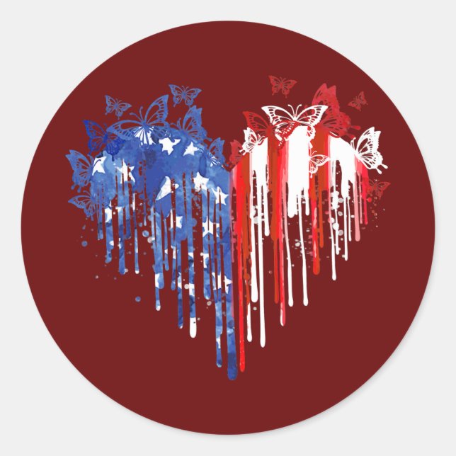 Butterfly Heart American Flag 4. Juli Runder Aufkleber (Vorderseite)