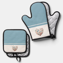 Butterfly Heart Blue White Ofenhandschuh & Topflappen-Set