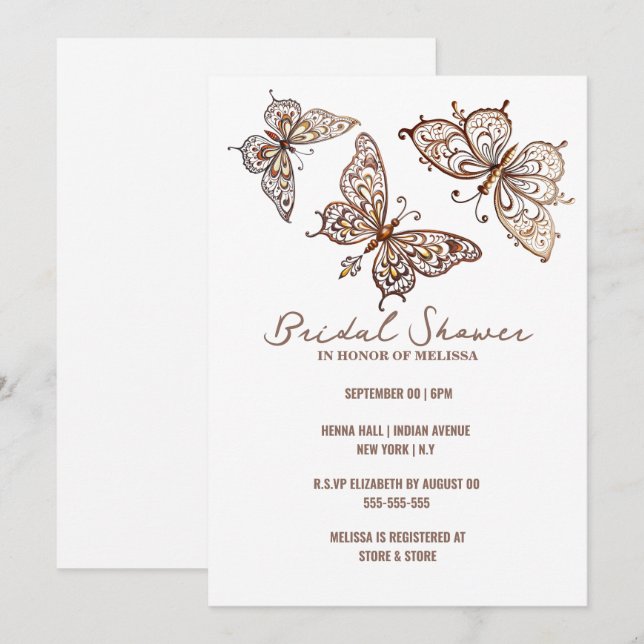 Butterfly Henna elegantes indisches Brautparty Einladung (Vorne/Hinten)