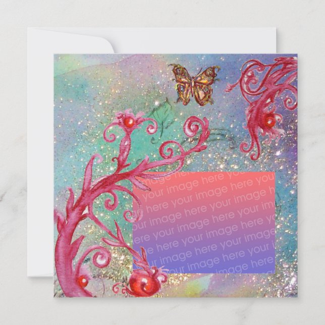 BUTTERFLY IN GLITZERN Blue Wedding Foto Template Einladung (Vorderseite)