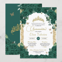 Butterfly Jade Green Rose und Gold Quinceanera Einladung