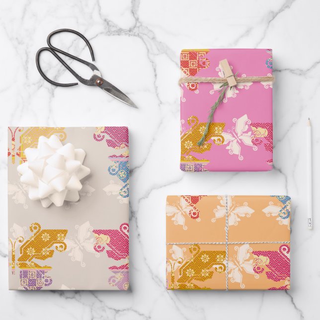 Butterfly Kimono Mix Pattern Geschenkpapier Set (Vorderseite)