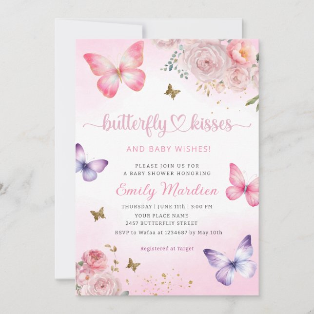 Butterfly Kisses and Baby Wish Girl Baby Shower Einladung (Vorderseite)