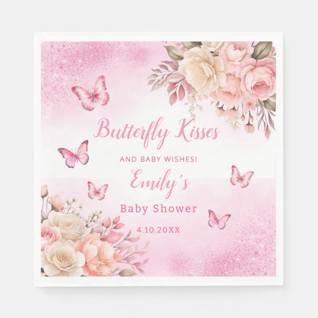 Butterfly Kisses and Baby wünscht rosa Baby Dusche Serviette (Vorderseite)