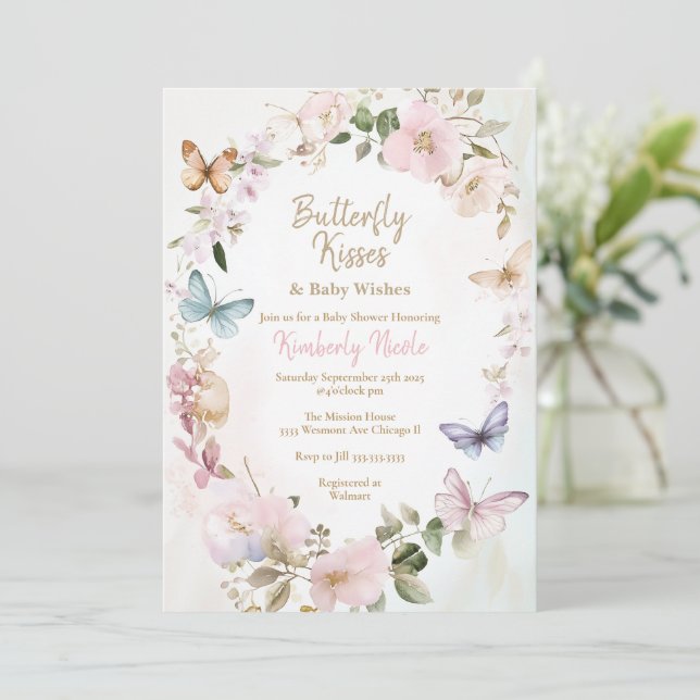 Butterfly kisses baby Dusche Einladung (Stehend Vorderseite)