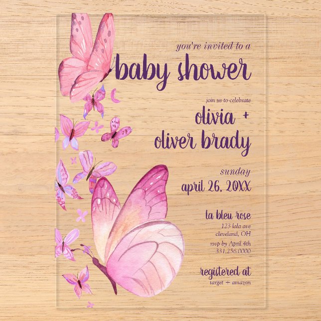 Butterfly Kisses & Baby Wünsche | Babydusche Pink Acryleinladungen (Vorderseite)