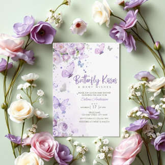 Butterfly Kisses & Baby wünscht Lila Babydusche Einladung