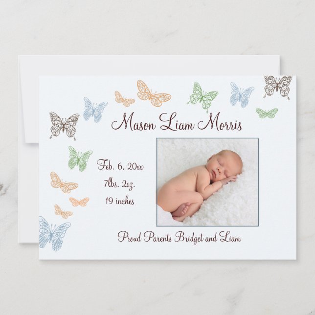 Butterfly Kisses Birth Ankündigung blau (Vorderseite)