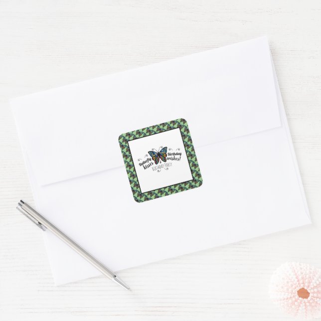 Butterfly Kisses Birthday Party Square Sticker (Umschlag)