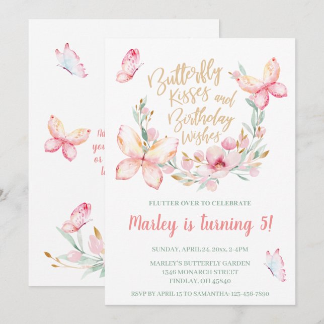 Butterfly Kisses & Birthday Wünsche, jedes zeitlic Einladung (Vorne/Hinten)