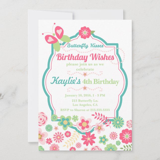 Butterfly Kisses & Birthday wünscht Einladung (Vorderseite)