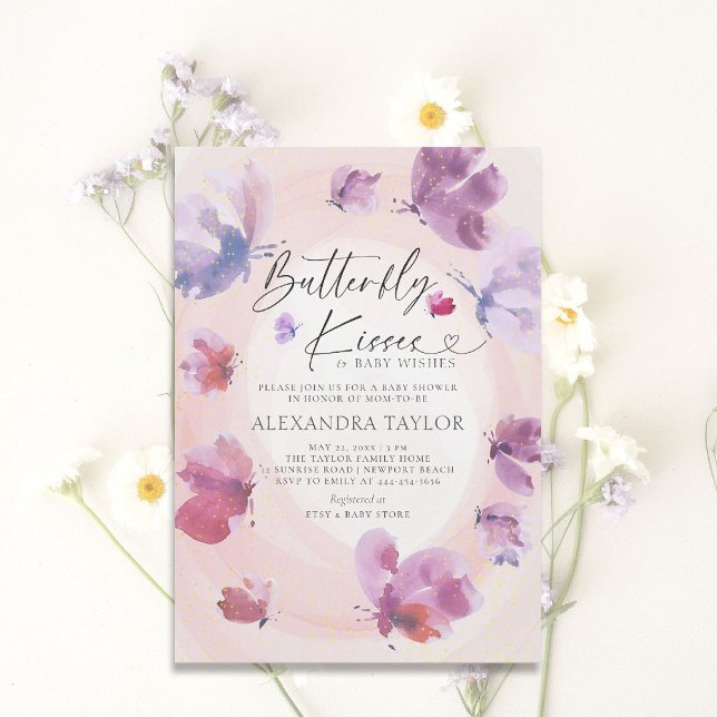 Butterfly Kisses Blush Lila Baby Girl Dusche Einladung (butterfly baby shower theme invitation watercolor whimsical sprinkles garden party spring summer)