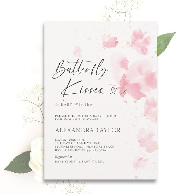 Butterfly Kisses Dream Watercolor Baby Dusche Einladung (butterfly baby shower theme girl invitation watercolor whimsical dreamy blush garden party)