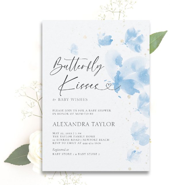 Butterfly Kisses Dreamy Watercolor Baby Boy Dusche Einladung (butterfly baby shower theme boy invitation watercolor whimsical dreamy blue garden party )