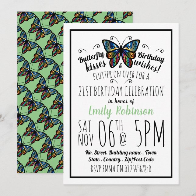 Butterfly Kisses Geburtstagsparty Einladung (Vorne/Hinten)