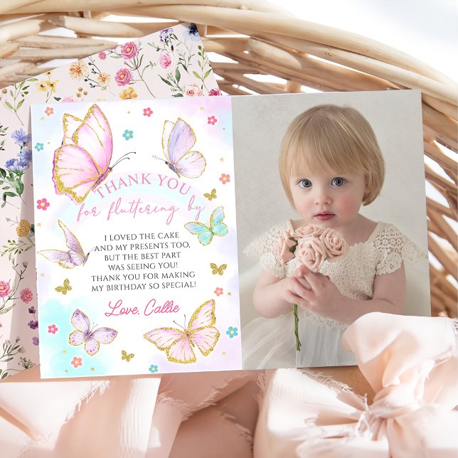 Butterfly kisses Girl Birthday Foto Dankeskarte (Von Creator hochgeladen)