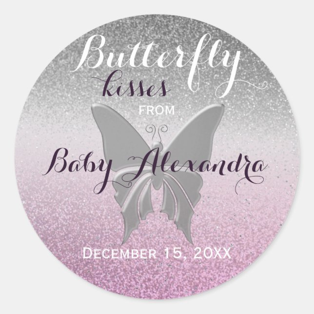 Butterfly Kisses Glitzer Lila Baby Dusche Runder Aufkleber (Vorderseite)