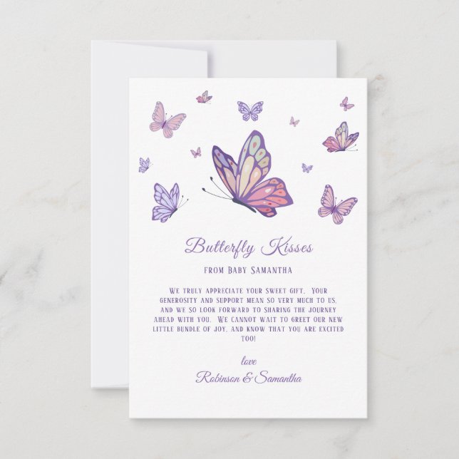 Butterfly Kisses Lila Baby Dusche Dankeskarte (Vorderseite)