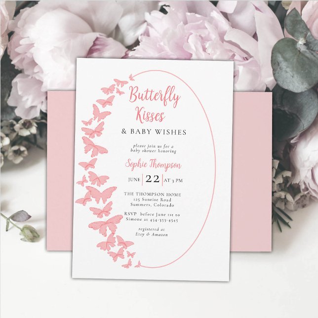 Butterfly Kisses Pink Boho Chic Girl Babydusche Einladung (butterfly kisses baby girl shower invitation whimsical coral pink butterflies boho chic watercolor )