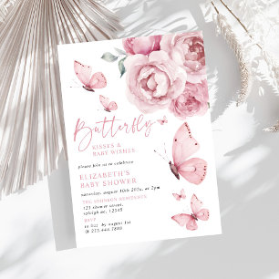 Butterfly Kisses Pink Floral Girl Babydusche Einladung