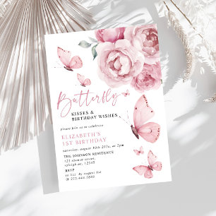 Butterfly Kisses Pink Roses Girl 1. Geburtstag Einladung