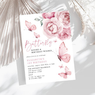 Butterfly Kisses Pink Roses Girl 1. Geburtstag Einladung