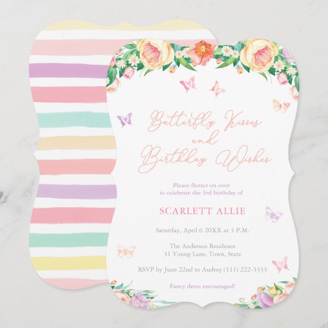 Butterfly Kisses und Birthday wünscht Hübsches Par Einladung (Vorne/Hinten)