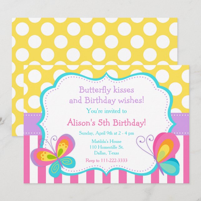 Butterfly Kisses und Birthday Wwünscht Party Einladung (Vorne/Hinten)