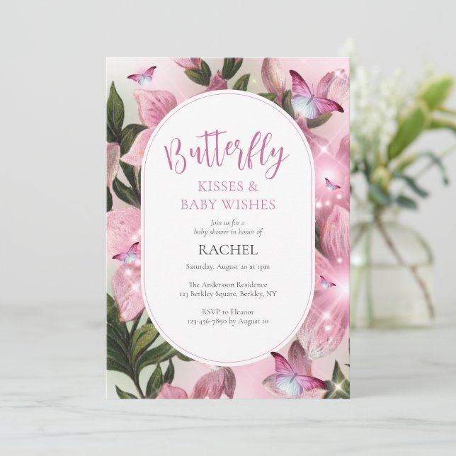 Butterfly Kisses und wünscht Baby Dusche Einladung (Stehend Vorderseite)