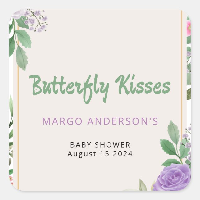 Butterfly Kisses Violet Blume Babydusche Quadratischer Aufkleber (Vorderseite)