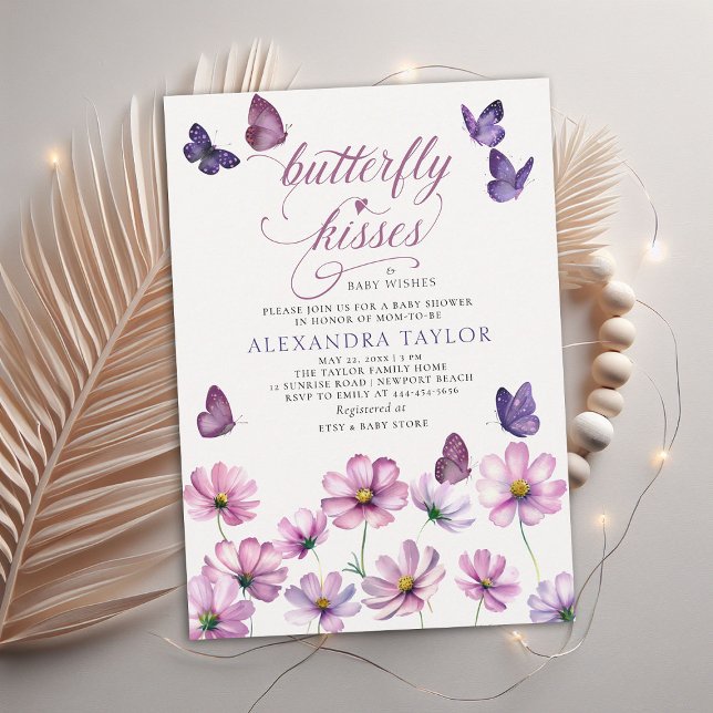 Butterfly Kisses wünscht Mauve Baby Girl Dusche Einladung (butterfly kisses baby wishes girl shower invitation purple mauve garden watercolor spring summer)