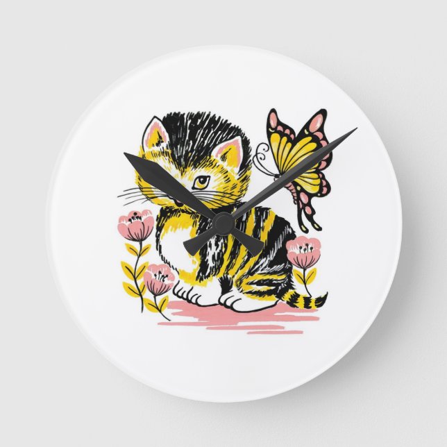 Butterfly & Kitten Runde Wanduhr (Vorderseite)