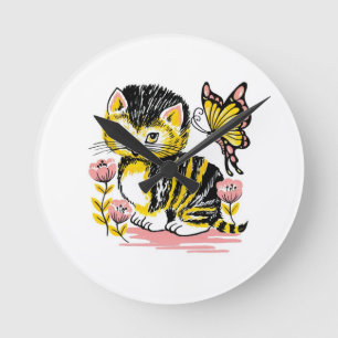 Butterfly & Kitten Runde Wanduhr
