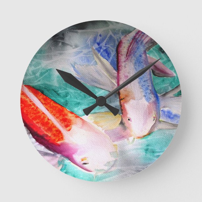 Butterfly Koi Aquarell Japanische Fischkunst Runde Wanduhr (Vorderseite)