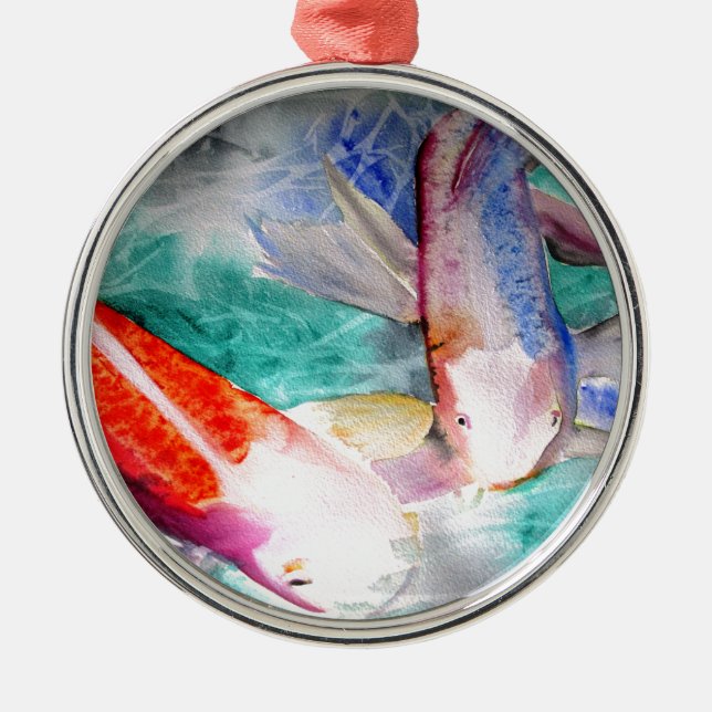 Butterfly Koi Aquarell Japanische Fischkunst Silbernes Ornament (Vorne)