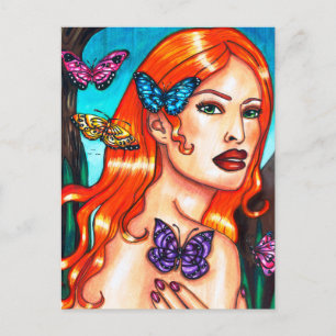 Butterfly Lady Nature Girl Originale Kunst zeichn  Postkarte