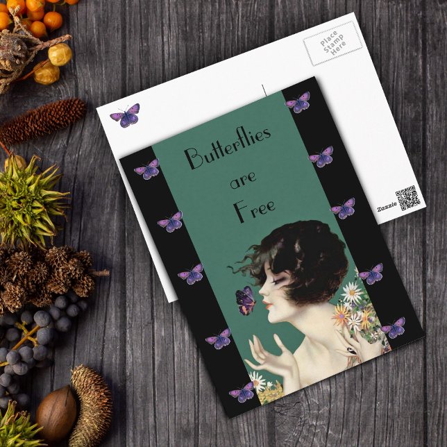 Butterfly Lady Postcard Postkarte (Vintage lady holding daisy flowers with purple butterflies on green and black postcard.)