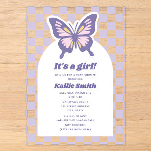 Butterfly Lavender Checkerboard Girl Baby Dusche Acryleinladungen