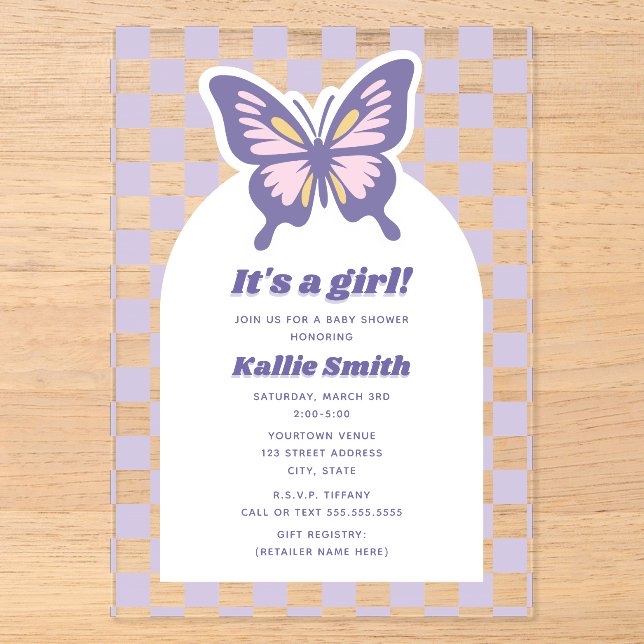 Butterfly Lavender Checkerboard Girl Baby Dusche Acryleinladungen (Vorderseite)
